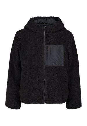Zwarte fleece gewatteerde jas met capuchon, voorrits en een gladde borstzak aan de linkerkant, ontworpen voor warmte en casual gebruik.