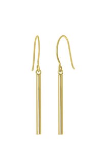 Boucles d'oreilles pendantes en ton or présentant de longues formes tubulaires élancées avec des surfaces lisses et réfléchissantes, et des fermoirs de type crochet.
