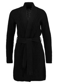 Black knitted cardigan with long sleeves, open front, and a tied waist belt. Features a textured pattern and ribbed accents.