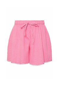 Rosa shorts gjorda av lätt material, med elastisk midja och snören, plisserad design och spetskant i hamnen.