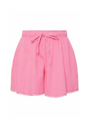 Pink shorts made of lightweight material, featuring an elastic waistband with a tie, pleated design, and lace trim at the hem.