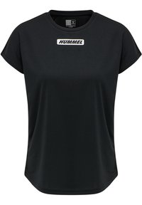 Black athletic t-shirt made of smooth fabric, featuring a round neckline and short sleeves. Displays a white logo on the front.