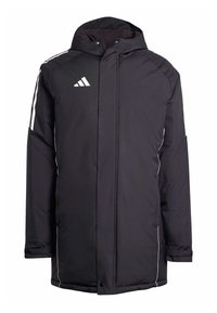 Schwarze isolierte Jacke mit Kapuze, weißen Akzentstreifen und einem Adidas-Logo auf der Brust. Verfügt über einen Reißverschluss und Seitentaschen.