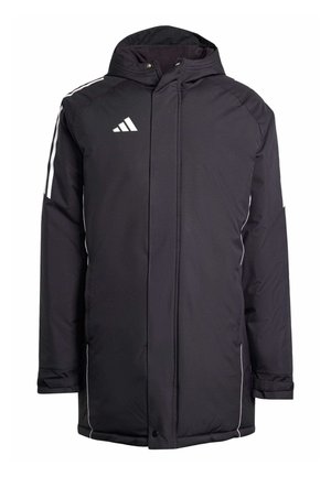 Schwarze isolierte Jacke mit Kapuze, weißen Akzentstreifen und einem Adidas-Logo auf der Brust. Verfügt über einen Reißverschluss und Seitentaschen.