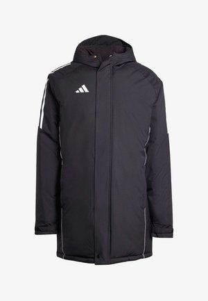Schwarze isolierte Jacke mit Kapuze, weißen Akzentstreifen und einem Adidas-Logo auf der Brust. Verfügt über einen Reißverschluss und Seitentaschen.