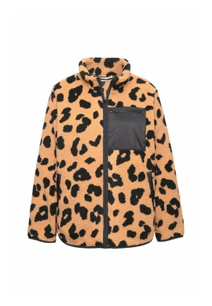 Fleece bunda s leopardím vzorem v hnědé a černé barvě, vybavená černou kapsou na zip a vysokým límcem, s kontrastním zipem.