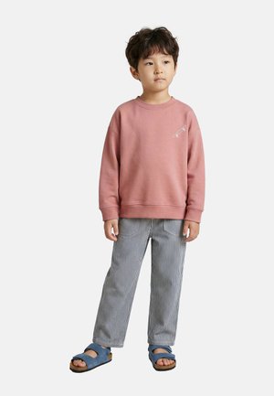 Enfant debout portant un sweat-shirt rose pâle avec une broderie de skateboard, un pantalon rayé et des sandales bleues sur un fond clair uni.