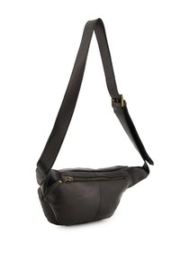 Schwarze Leder-Umhängetasche mit strukturierten Oberfläche, Reißverschluss-Vordertasche und verstellbarem Gurt. Kompaktes, schräges Design für einfachen Zugriff.