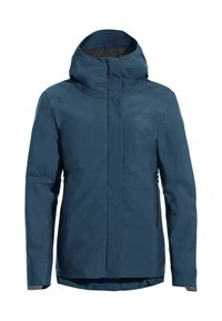 Giacca blu impermeabile con cappuccio, dotata di una zip frontale, due tasche laterali e una texture liscia e opaca. Logo sul petto.