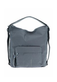 Borsa a spalla in tessuto grigio con un motivo testurizzato, una tasca frontale con zip, una chiusura con zip superiore e una tracolla regolabile.