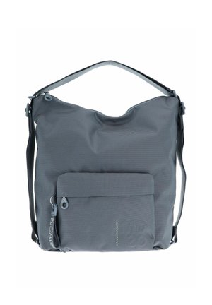 Sac à épaule en tissu gris avec un motif texturé, une poche zippée à l'avant, une fermeture zippée sur le dessus et une bandoulière réglable.