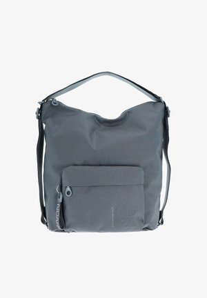 Graue Stoff-Schultertasche mit strukturiertem Muster, einer vorderen Reißverschlusstasche, einem Reißverschluss oben und einem verstellbaren Schultergurt.