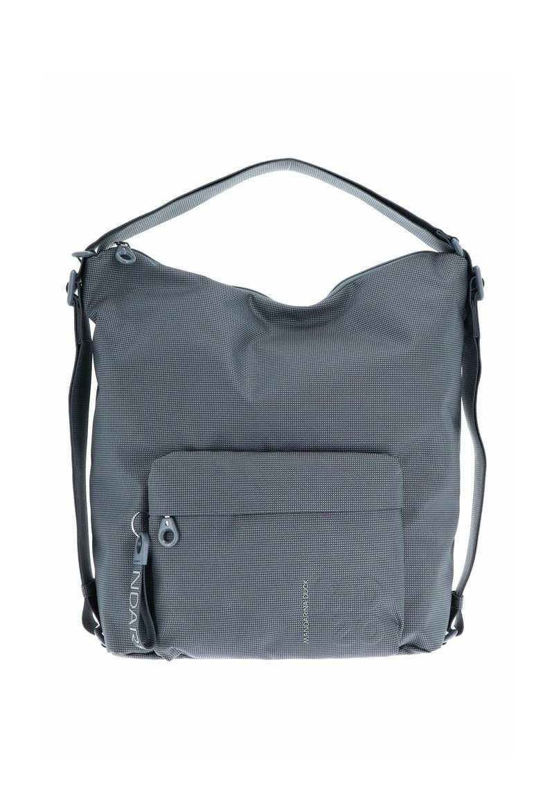Borsa a spalla in tessuto grigio con un motivo testurizzato, una tasca frontale con zip, una chiusura con zip superiore e una tracolla regolabile.