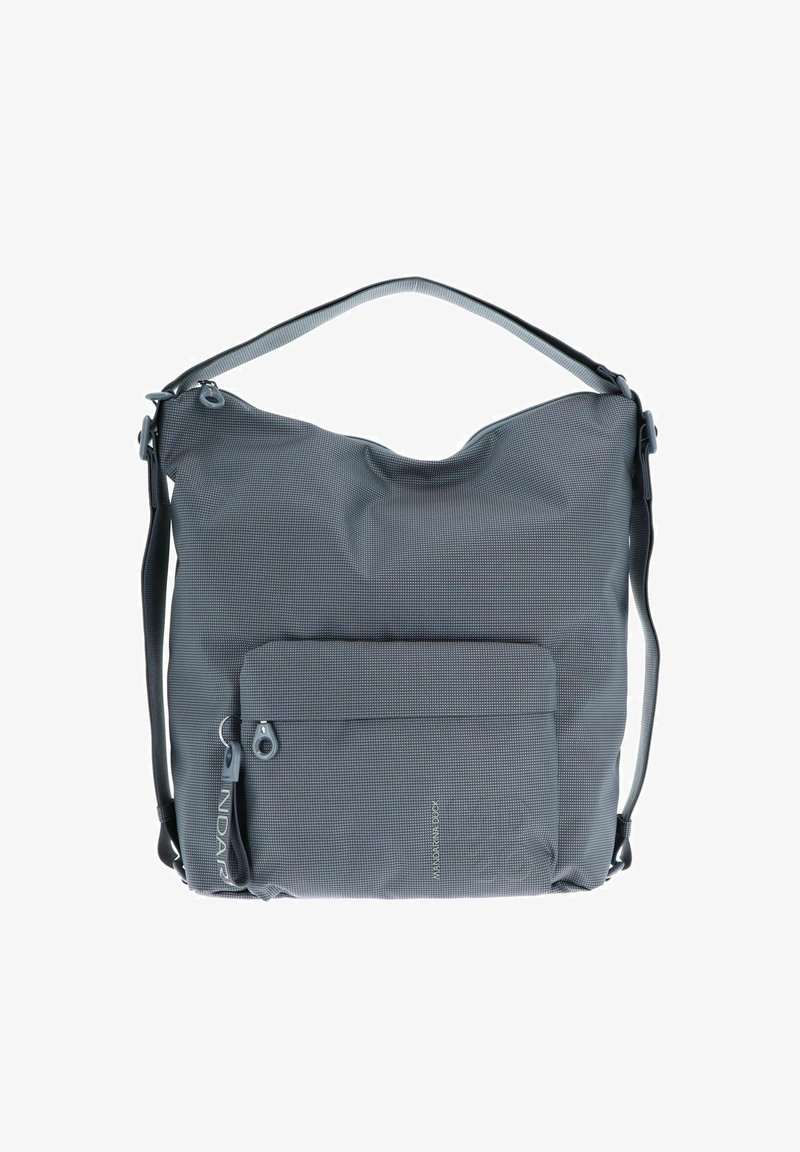 Graue Stoff-Schultertasche mit strukturiertem Muster, einer vorderen Reißverschlusstasche, einem Reißverschluss oben und einem verstellbaren Schultergurt.