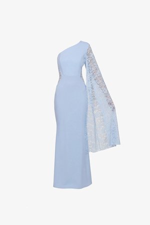 Hellblaues bodenlanges Kleid mit einer Schulter, tailliertem Schnitt und einem langen Spitzenärmel, der sich auf der rechten Seite wie ein Umhang erstreckt.