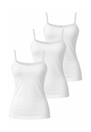 Three plain white women's camisoles with thin shoulder straps, arranged in a staggered overlapping layout on a white background.