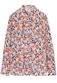 Långärmad skjorta med knappar i ett flerfärgat tät blommönster i rött, rosa, blått, vitt och gult på en mörk bakgrund.