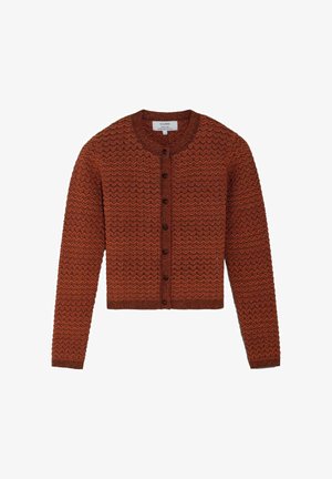 Cárdigan tejido de color óxido con patrón de zigzag, escote redondo, mangas largas y botones delanteros negros.