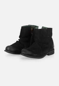 Bottines en daim noir avec un design légèrement décontracté, dotées d'une fermeture éclair sur le côté et d'une doublure intérieure vert contrastant.