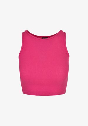 Enganliegendes ärmelloses Oberteil aus leuchtend pinkem Rippenstoff. Besitzt einen runden Ausschnitt und einen cropped Schnitt, mit glatten Nähten an den Kanten.