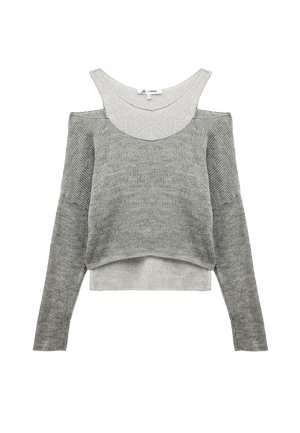 Grauer Strickpullover mit weitem Ausschnitt, verkürztem Design, langen Ärmeln und strukturiertem Finish. Besitzt einen kontrastierenden helleren Graubereich oben.