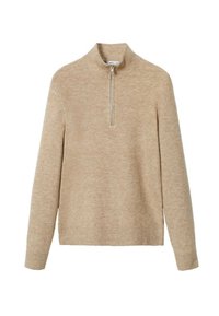 Maglione a coste beige con maniche lunghe e una corta cerniera argentata sul collo alto.