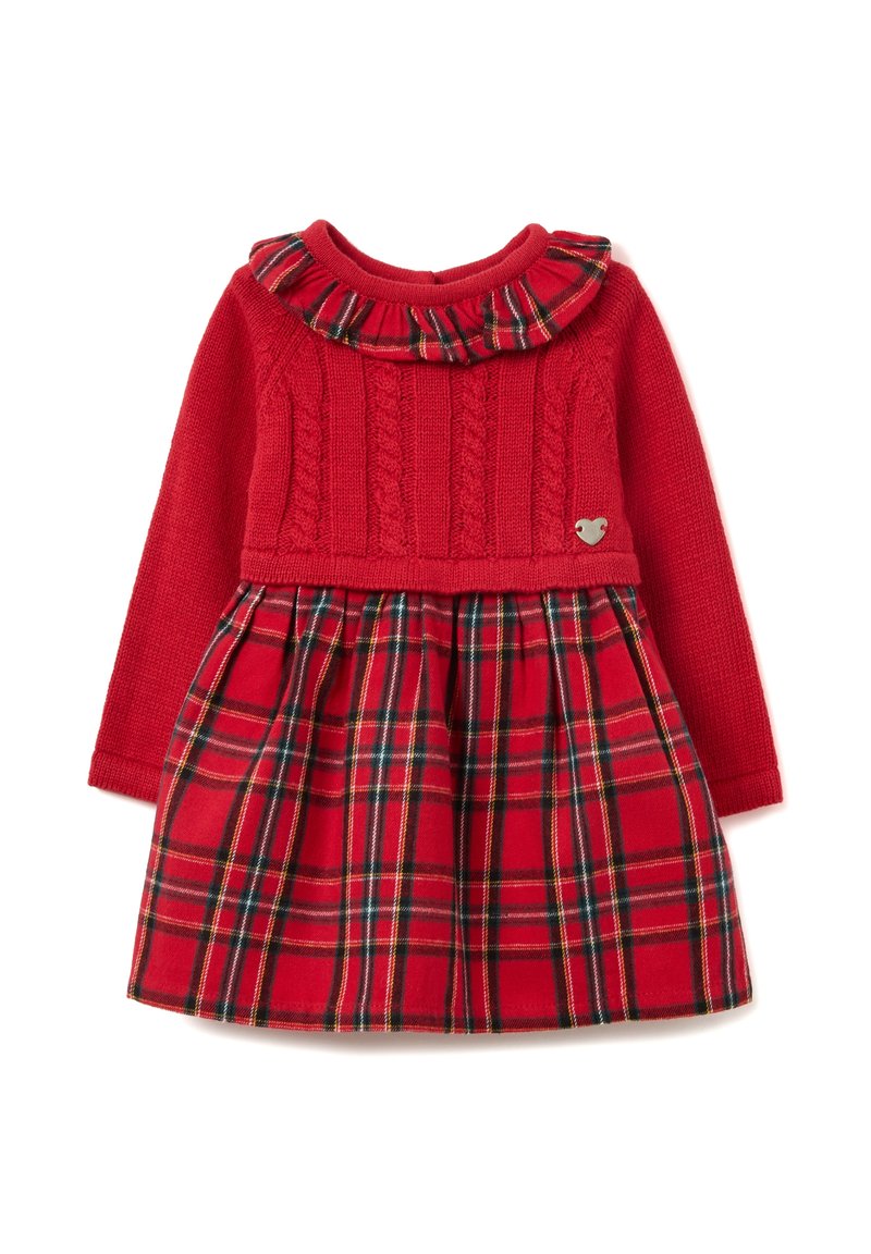 Rotes Langarmkleid für Kleinkinder mit zopfmuster gestricktem Oberteil, gerafftem kariertem Kragen und plissiertem Rock in Rot, Grün und Gelb kariert.