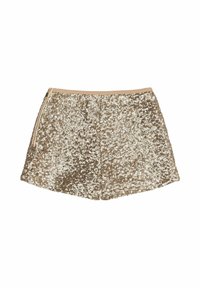 Pantalones cortos de lentejuelas doradas con una cinturilla lisa en beige, cierre de cremallera en el costado y un corte ajustado y entallado.