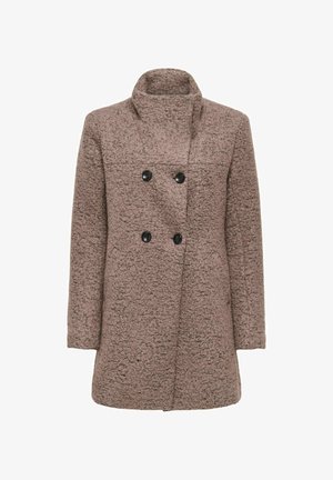 Ruskea teksturoitu takki, jossa on korkea kaulus, kaksirivinen malli ja kaksi mustaa nappia. Takissa on suorat hihat ja puolipitkä leikkaus.