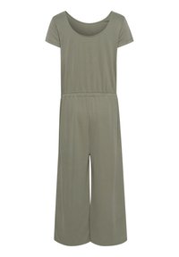 Mono verde caqui hecho de una tela suave, con escote redondeado, mangas cortas, cintura elástica y pantalones de pierna ancha.