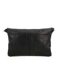 Sort læder clutch-taske med en glat overflade, rektangulær form og lynlåslukning. Har diskret syninger langs siderne.