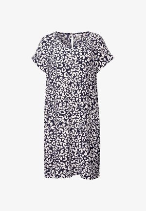Marinblå klänning med korta ärmar och V-ringning, som har ett vitt abstrakt leopardmönster. Lättviktig tyg med en avslappnad passform.