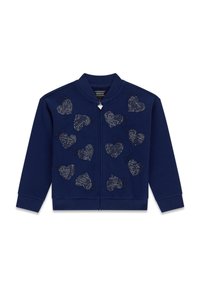 Felpa con zip di colore blu navy, caratterizzata da motivi a cuore in argento testurizzati e accenti con logo ricamato. Polsini e colletto a costine. Vestibilità casual.