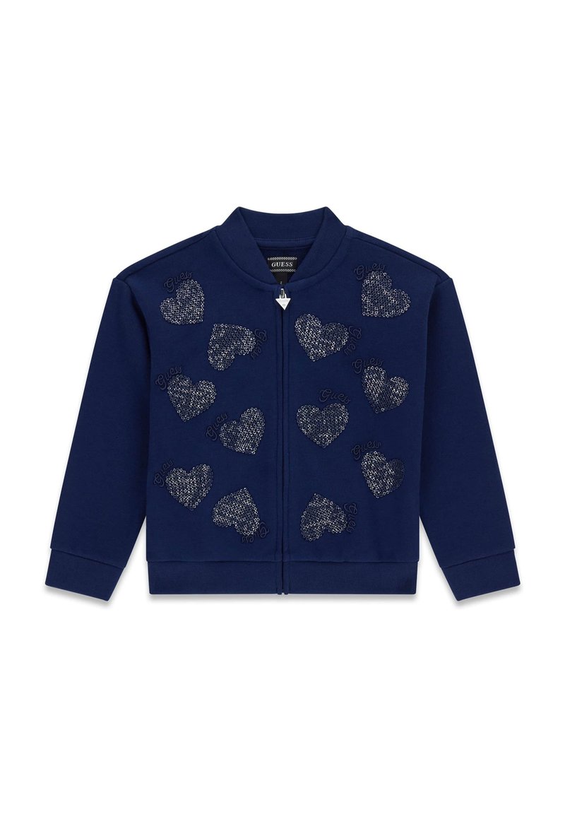 Felpa con zip di colore blu navy, caratterizzata da motivi a cuore in argento testurizzati e accenti con logo ricamato. Polsini e colletto a costine. Vestibilità casual.