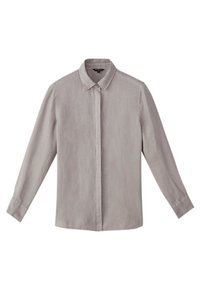 Chemise à manches longues gris clair en tissu lisse. Dotée d'un col pointu, d'une fermeture boutonnée sur l'avant et d'un ourlet droit.