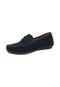 Mocassino da uomo in suede blu navy con tomaia cucita, design slip-on e suola in gomma.