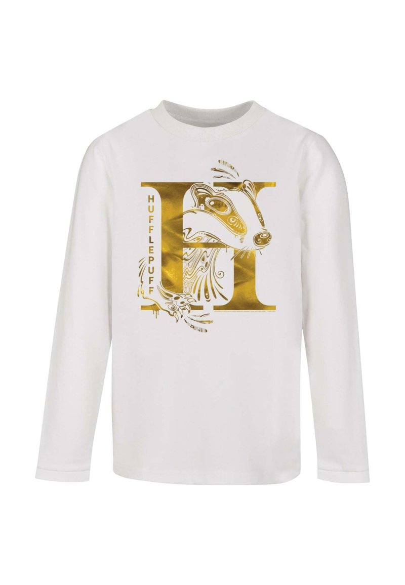 Hvid langærmet t-shirt med et guld Hufflepuff bæver grafik og tekst, med detaljeret udsmykning og blød tekstur.