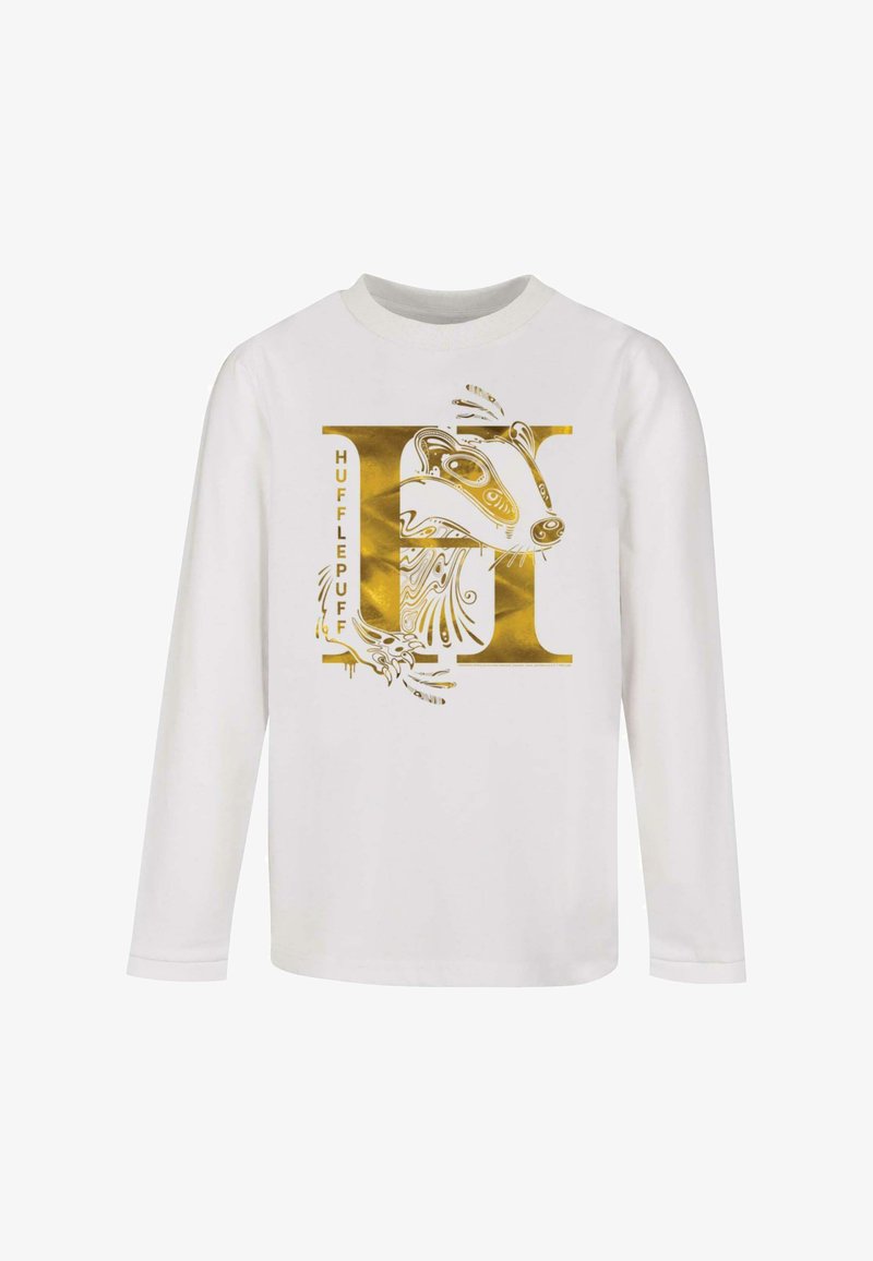 Weißes Langarm-T-Shirt mit einem goldenen Hufflepuff-Dachs-Graphic und Text, mit filigranen Details und glatter Textur.