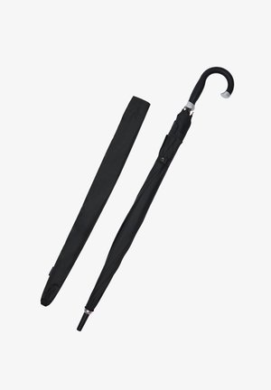 Czarna składająca się parasolka z zakrzywionym uchwytem, umieszczona w pasującej czarnej osłonie. Posiada gładką teksturę i kompaktowy design ułatwiający przenoszenie.