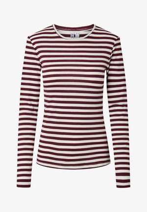Długi rękaw top w paski w kolorach bordowym i kremowym. Prążkowana tekstura, okrągły dekolt, dopasowany fason. Prosty wzór z równomiernie rozmieszczonymi paskami.