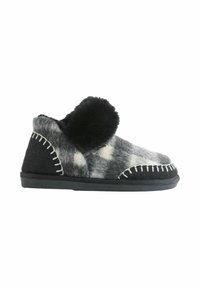Felt slippers with black and gray pattern, textured upper, pom-pom accent, and white stitching on a black rubber sole.