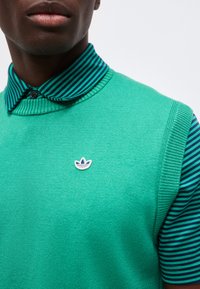 Κοντινό πλάνο ενός ατόμου που φοράει πράσινο πλεκτό αμάνικο πουλόβερ πάνω από πουκάμισο με σκούρες πράσινες και ναυτικές ριγέ με γιακά και μικρό λογότυπο Adidas.