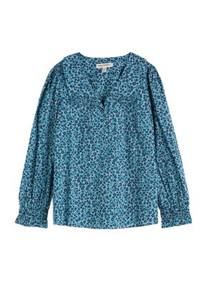 Blusa azul con estampado floral, mangas largas abullonadas, escote en V y detalles fruncidos. Tejido suave con una textura ligera.