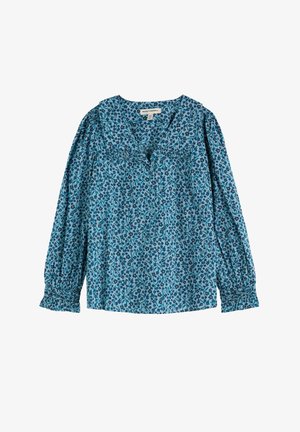 Blusa azul con estampado floral, mangas largas abullonadas, escote en V y detalles fruncidos. Tejido suave con una textura ligera.