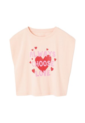 Light pink short-sleeve shirt with a large red heart and pink text "ALWAYS CHOOSE LOVE" surrounded by small red hearts on the front.
