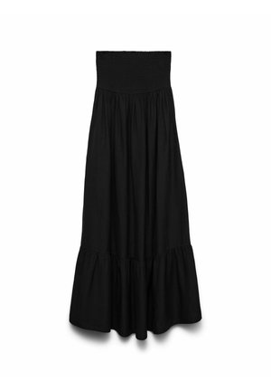 Black strapless maxi dress with smocked bodice and tiered ruffle hem, flowing fabric, displayed on white background.