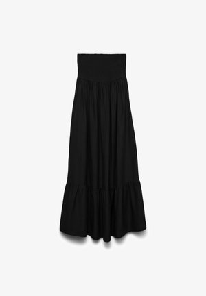 Black strapless maxi dress with smocked bodice and tiered ruffle hem, flowing fabric, displayed on white background.