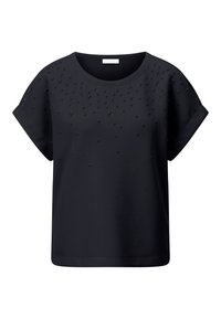 Sort T-shirt med korte ærmer, der har forhøjede teksturdetaljer foran og en rund halsudskæring, lavet af blødt stof med en afslappet pasform.