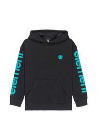 Sweat à capuche noir avec un grand texte turquoise "element" sur la manche gauche et un petit logo sur la poitrine. Dispose d'une poche ventrale avant et de poignets côtelés.