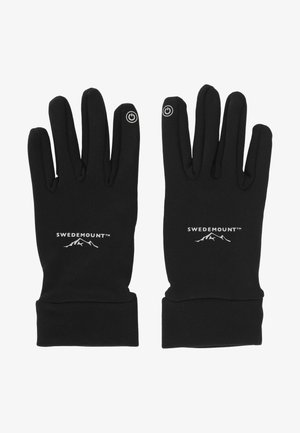 Par de guantes negros Swedemount con símbolo de encendido en los dedos índices y logo de montaña en la parte posterior de cada mano.
